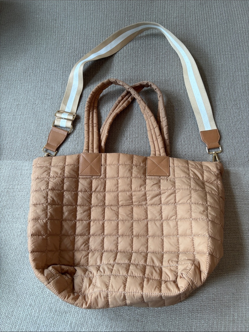 Shiraleah Quilted Camel Tote with Striped Removable Strap